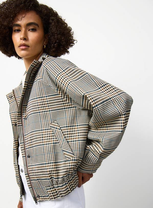 Neutral Check Print Funnel Neckline Bomber Jacket 12